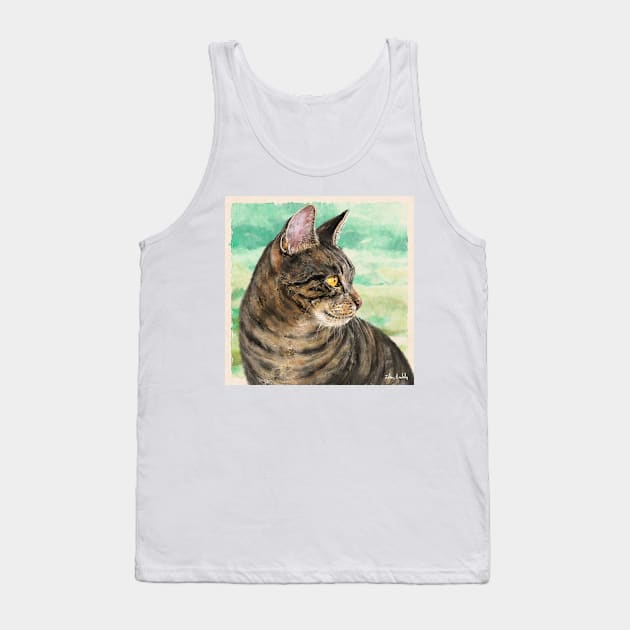 Painting of a Gray Cat with Stripes Looking to the Right, Green Yellow Background Tank Top by ibadishi